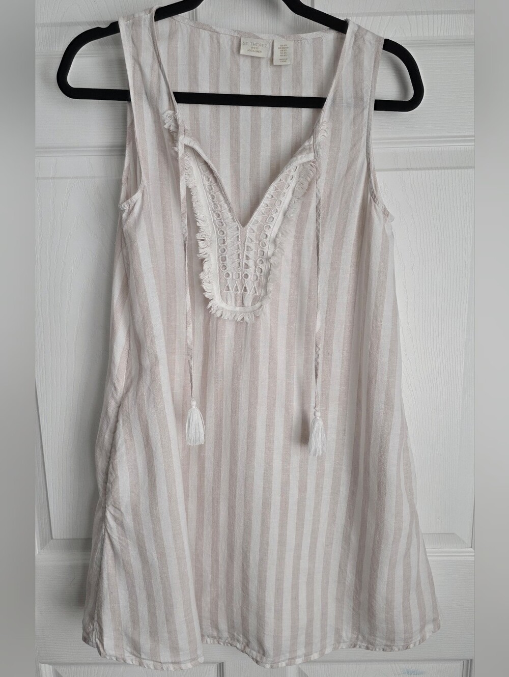 St. Tropez West Linen Striped Boho Shift Dress Tan White XS
